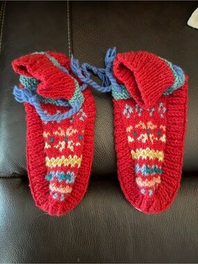 French Knot Handmade Wool Knit Slippers S/M Fair Isle Leather Sole
